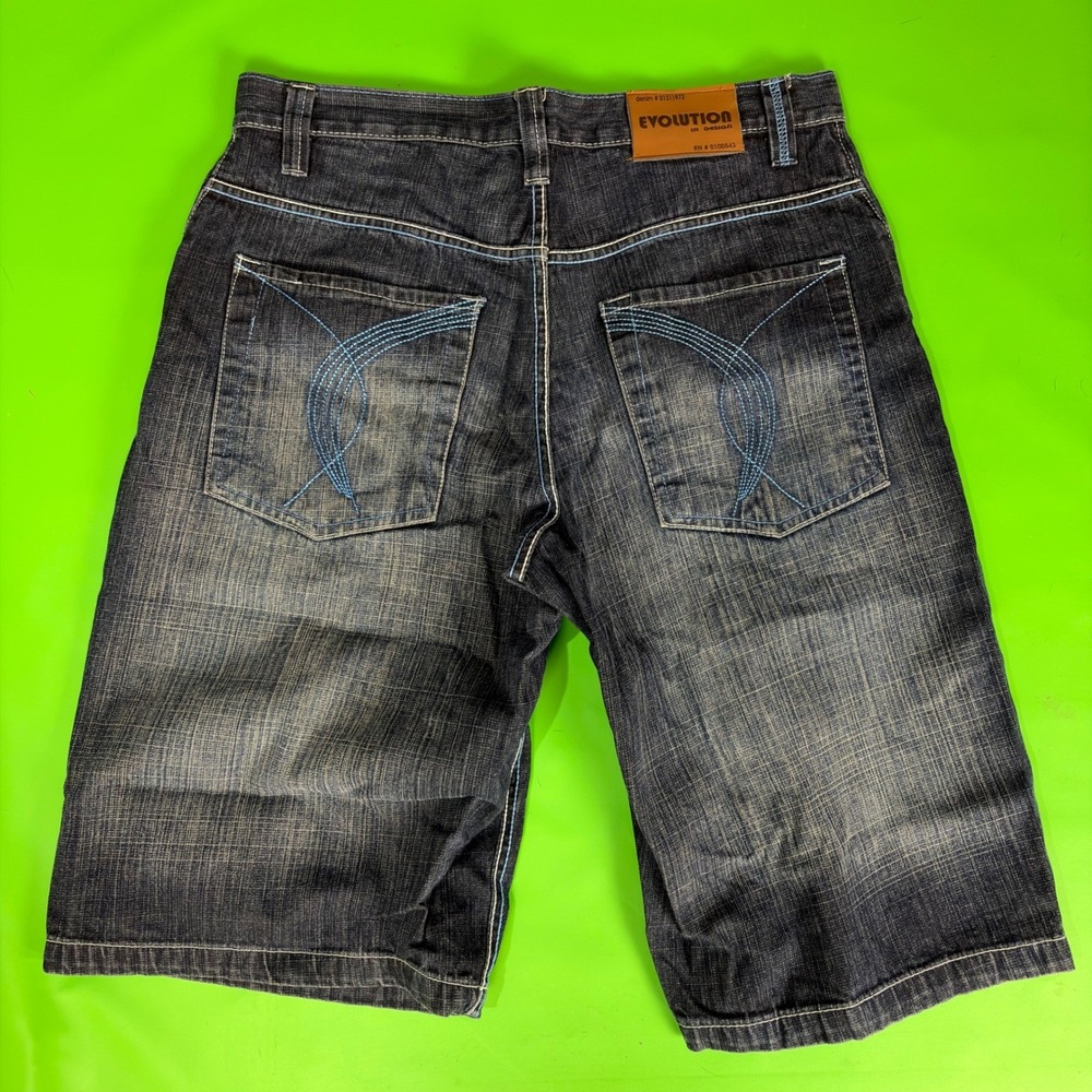 Vintage Evolution Denim Shorts Mens 34 Dark Blue Contrast Stitch Embroidered Y2K